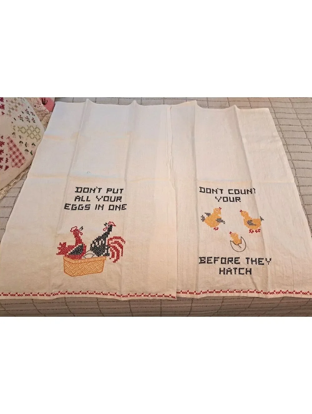 Vintage Set-2 Handmade Cross-Stitch Farmhouse Wisdom Chicken Kitchen Tea Towels